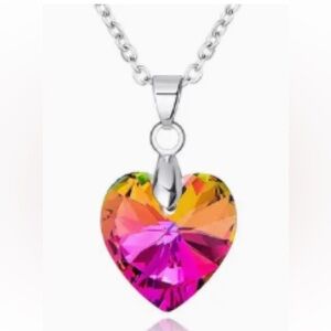 Rainbow Crystal Heart Silvertone Necklace 16-18” long